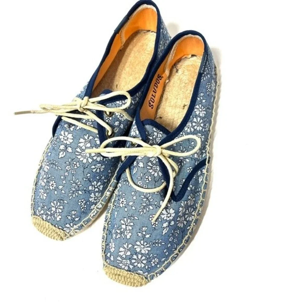Soludos Chambray Denim Floral Lace Up Espadrille Sneakers in Blue and White 7